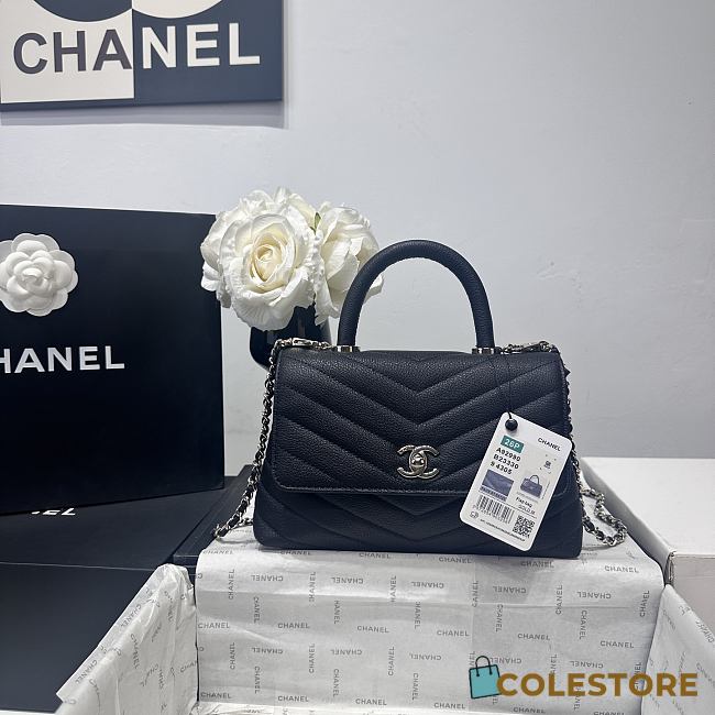 Colestore Chanel Black Chevron Quilted Caviar Leather Mini Coco Handle Black 23cm - 1