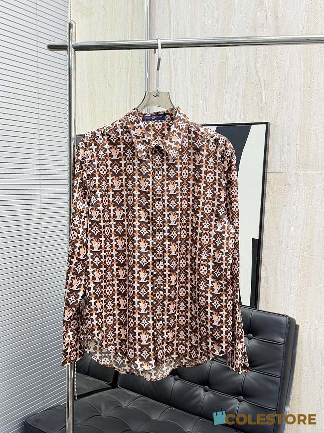 Colestore Louis Vuitton  Monogram Printed Long-Sleeved Silk Shirt Coffee Bean Brown - 1