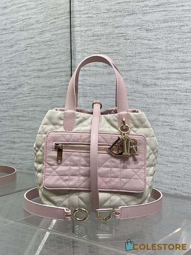 	 Colestore Dior Small Dior Toujours Reversible Vertical Tote Bag Two-Tone Pink and Trench Macrocannage Supple Calfskin 23x15x15cm - 1