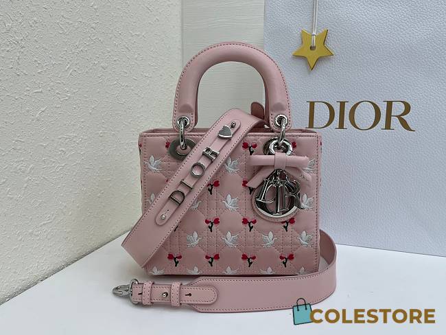 Colestore Dior Small Lady Dior My ABCDior Pink Cannage Lambskin Embroidered with Multicolor Doves & Roses Motif 20 x 18 x 8 cm - 1