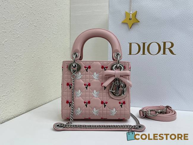 Colestore Dior Mini Lady Dior Bag with Strap Pink Cannage Lambskin Embroidered with Multicolor Doves & Roses Motif  17 x 15 x 7 cm  - 1
