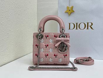 Colestore Dior Mini Lady Dior Bag with Strap Pink Cannage Lambskin Embroidered with Multicolor Doves & Roses Motif  17 x 15 x 7 cm 