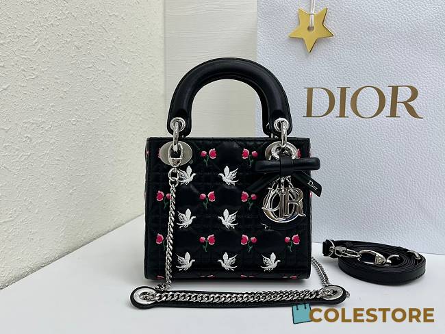 Colestore Dior Mini Lady Dior Bag with Strap Black Cannage Lambskin Embroidered with Multicolor Doves & Roses Motif  17 x 15 x 7 cm  - 1