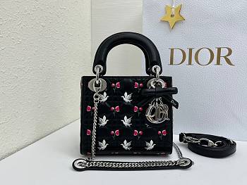 Colestore Dior Mini Lady Dior Bag with Strap Black Cannage Lambskin Embroidered with Multicolor Doves & Roses Motif  17 x 15 x 7 cm 