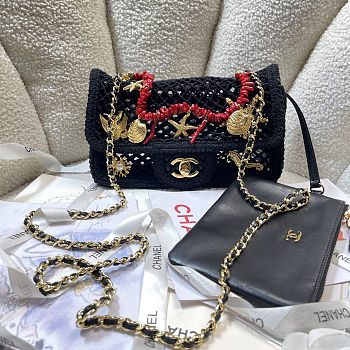 Colestore Chanel Coco Beach 2026 collection   Small Flap Bag   Mesh, Charms & Gold-Tone Metal  Black  14 x 21 x 6cm