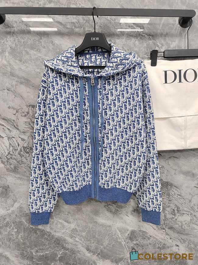 Colestore Dior Dioriviera Zipped Cardigan with Hood Blue Spongy Dior Oblique Cotton-Blend Jacquard  - 1