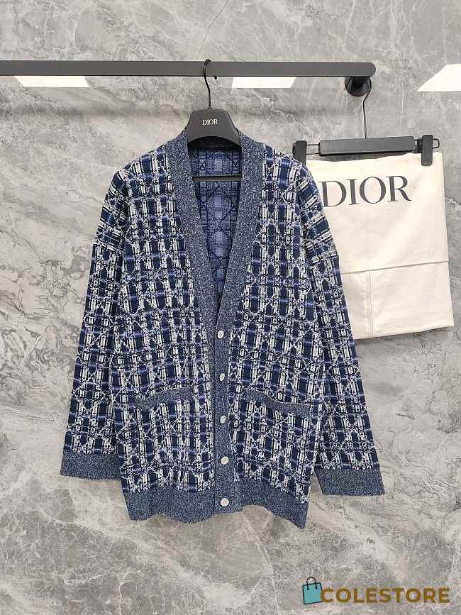 Colestore Dior Oversized Cannage Cardigan Heathered Navy Blue Cotton-Blend Knit - 1