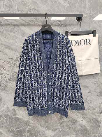 Colestore Dior Oversized Cannage Cardigan Heathered Navy Blue Cotton-Blend Knit