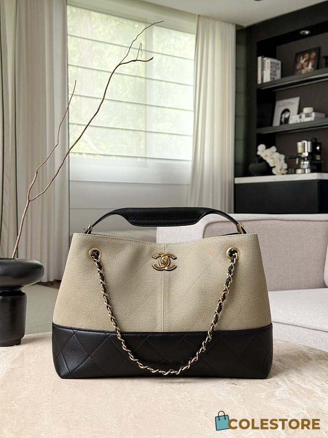 Colestore Chanel Small Tote Canvas Calfskin, Lambskin & Gold-Tone Metal, Gray & Black 36x24x14cm - 1