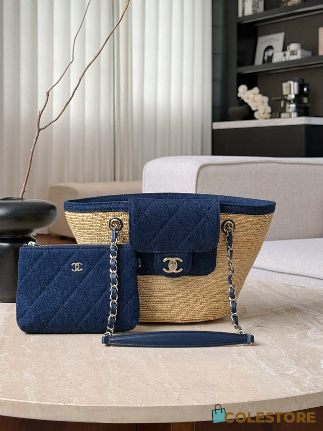 Colestore Chanel Coco Beach 2026 collection  Small Shopping Bag   Braided Straw, Canvas, Lambskin & Gold-Tone Metal  Blue Denim & Black 18x41x13cm - 1