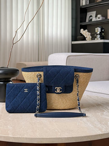 Colestore Chanel Coco Beach 2026 collection  Small Shopping Bag   Braided Straw, Canvas, Lambskin & Gold-Tone Metal  Blue Denim & Black 18x41x13cm