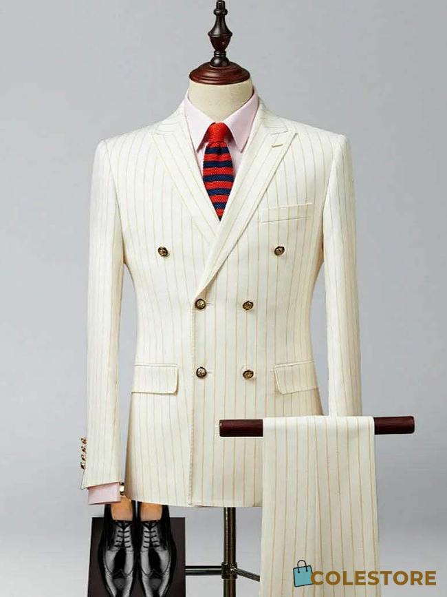 Colestore Men's Ivory Pinstripe Double-Breasted 3-Piece Suit - 1