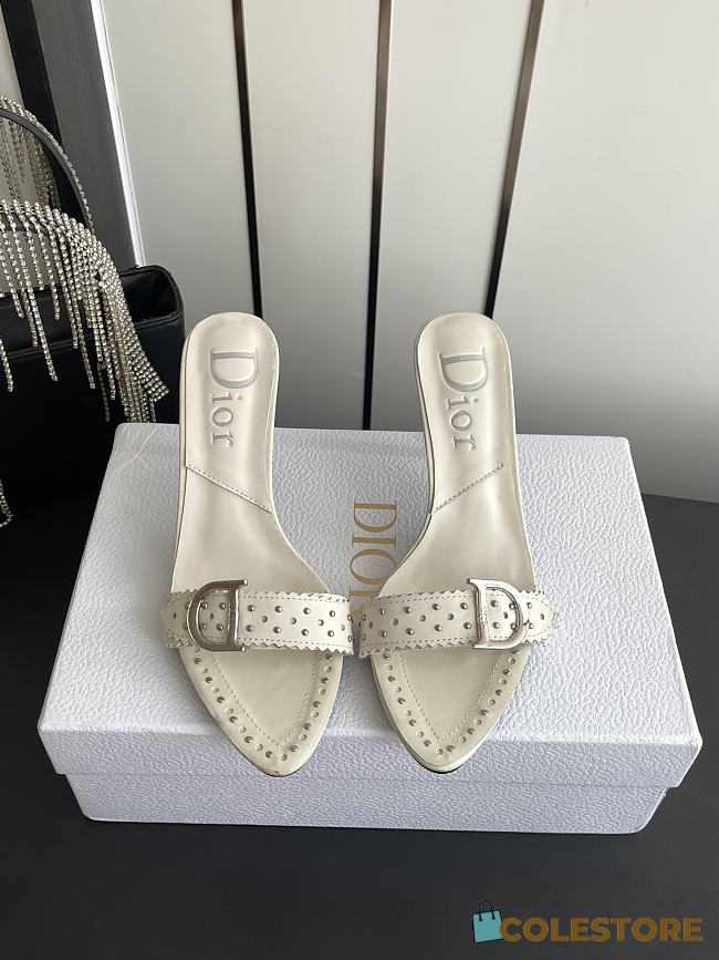 Colestore Dior D-Club Mule White Calfskin with Silver-Finish CD Signature & Studs - 1