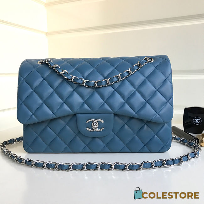 Colestore Chanel Jumbo Classic Handbag   Lambskin & Silver-Tone Metal  Dark Blue  30x18x8cm - 1