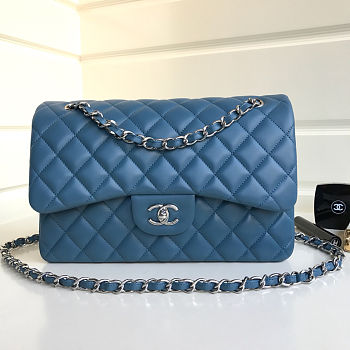 Colestore Chanel Jumbo Classic Handbag   Lambskin & Silver-Tone Metal  Dark Blue  30x18x8cm
