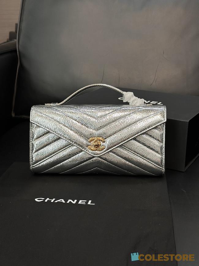 Colestore  Chanel Metallic Aged Calfskin Chevron Quilted Top Handle Envelope Clutch Silver 10x26x5cm - 1