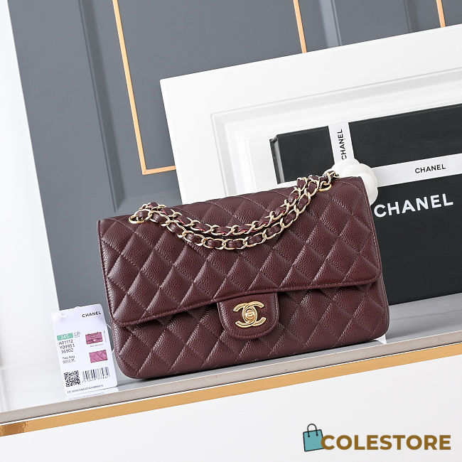 Colestore Chanel Burgundy Quilted Caviar Medium Classic Double Flap Bag Gold Hardware 25.5 × 15.5 × 6.5 cm - 1