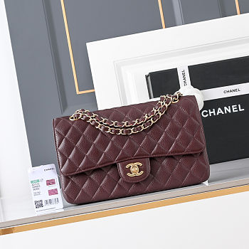 Colestore Chanel Burgundy Quilted Caviar Medium Classic Double Flap Bag Gold Hardware 25.5 × 15.5 × 6.5 cm