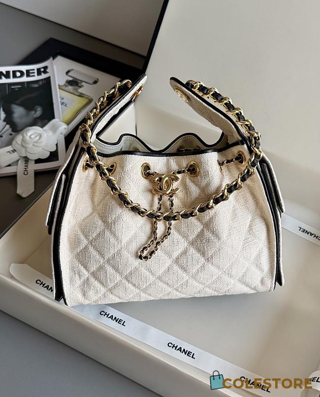 Colestore Chanel 25 Small Handbag Canvas, Calfskin & Gold-Tone Metal Ecru & Black 30 x 26 x 14cm - 1
