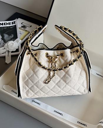 Colestore Chanel 25 Small Handbag Canvas, Calfskin & Gold-Tone Metal Ecru & Black 30 x 26 x 14cm