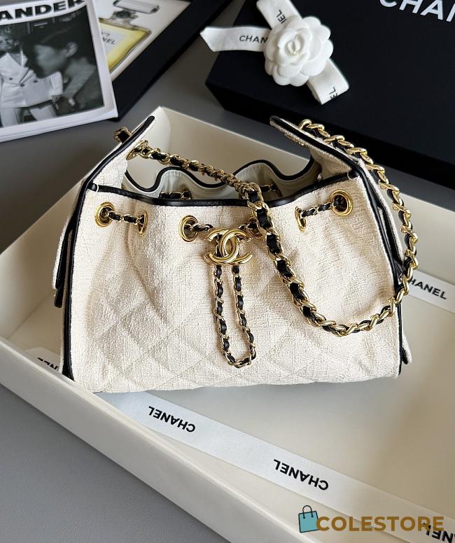 Colestore Chanel Mini Handbag Canvas, Calfskin & Gold-Tone Metal Ecru & Black 20 x 22 x 12.5cm - 1