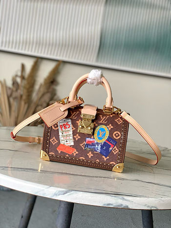 Colestore  Louis Vuitton Speedy Trunk 20 Monogram Coated canvas with vintage travel stickers 21 x 15 x 13 cm