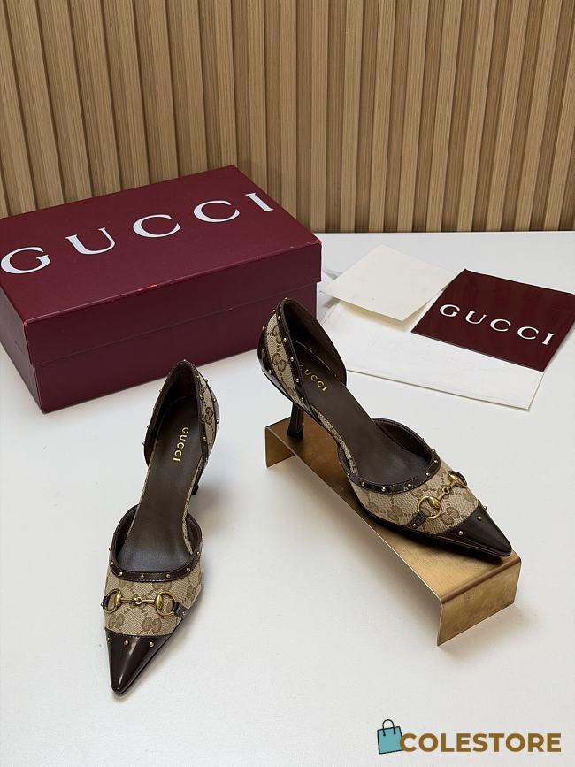 Colestore Gucci Women's Savoy pump Sand and brown GG canvas 75mm - 1