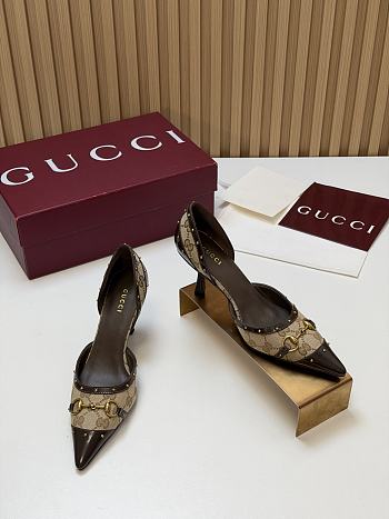 Colestore Gucci Women's Savoy pump Sand and brown GG canvas 75mm