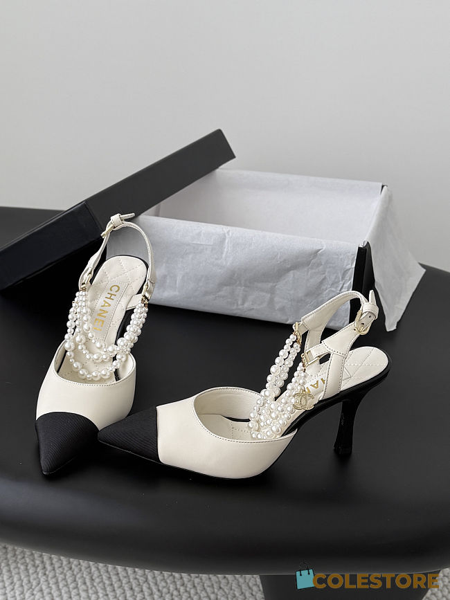 Colestore Chanel Lambskin Grosgrain Cap Toe Pearl Slingbacks Pumps Ivory Black - 1
