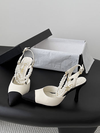 Colestore Chanel Lambskin Grosgrain Cap Toe Pearl Slingbacks Pumps Ivory Black