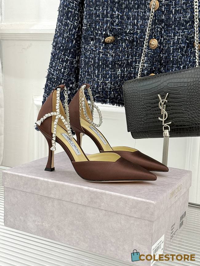 Colestore Jimmy Choo Stevie 100 Brown Satin Crystal Pumps  - 1