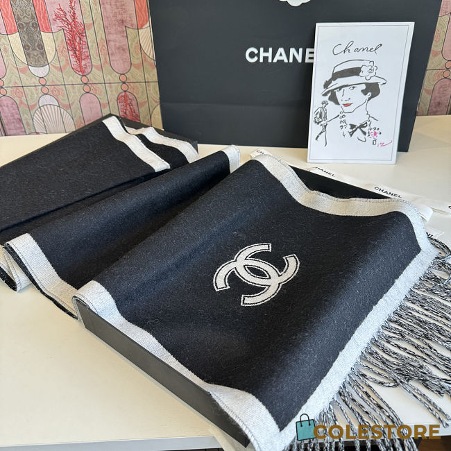 Colestore Chanel Wool CC Logo Fringe Scarf Black White - 1