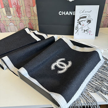 Colestore Chanel Wool CC Logo Fringe Scarf Black White
