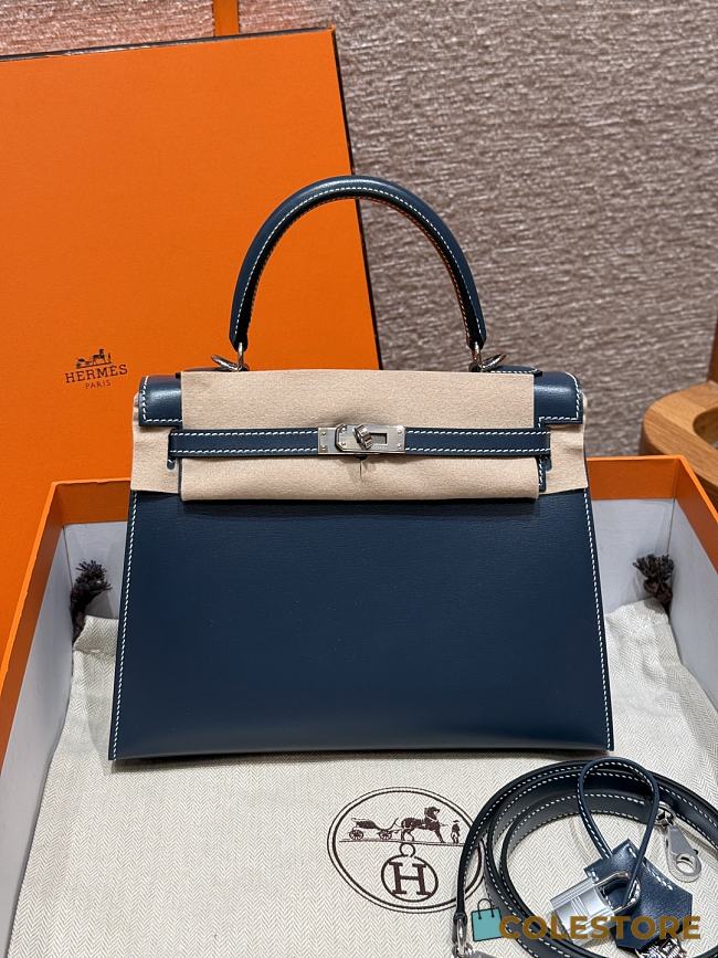 Colestore Hermes Kelly 25 Sellier in Box Leather Deep Blue, Palladium Hardware 25cm - 1