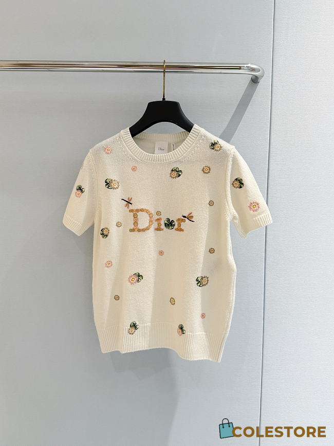 Colestore  Dior Short-Sleeved Embroidered Sweater Ecru Cashmere Knit with Multicolor Dior Water Lily Motif - 1