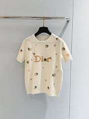 Colestore  Dior Short-Sleeved Embroidered Sweater Ecru Cashmere Knit with Multicolor Dior Water Lily Motif - 1