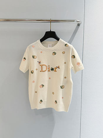 Colestore  Dior Short-Sleeved Embroidered Sweater Ecru Cashmere Knit with Multicolor Dior Water Lily Motif