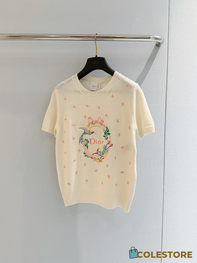 Colestore Dior Qixi Embroidered Short-Sleeved Sweater White Cashmere Jersey with Multicolor Dior Colibri Motif - 1