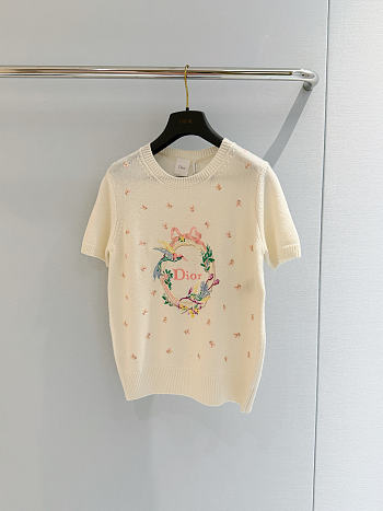 Colestore Dior Qixi Embroidered Short-Sleeved Sweater White Cashmere Jersey with Multicolor Dior Colibri Motif