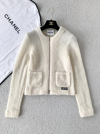 Colestore Miu Miu zip-up textured knit jacket featuring front patch pockets
