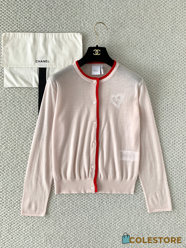 Colestore Dior Qixi Embroidered Cardigan Pink and Red Virgin Wool Jersey with White Dior Heart Locket Motif - 1