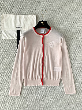 Colestore Dior Qixi Embroidered Cardigan Pink and Red Virgin Wool Jersey with White Dior Heart Locket Motif