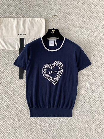 Colestore Dior Qixi Short-Sleeved Sweater Navy Blue Virgin Wool Jersey with White Dior Heart Locket Motif