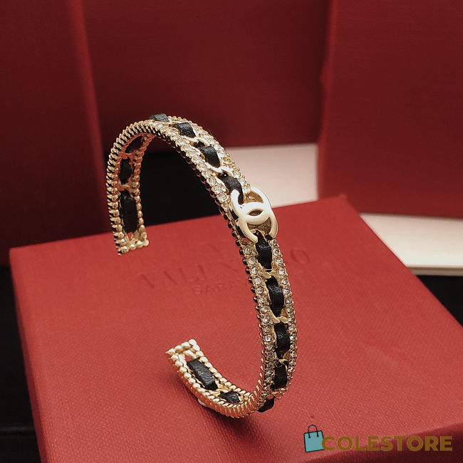Colestore Chanel Metal Crystal Lambskin Chain CC Cuff Bracelet  Gold & Black - 1