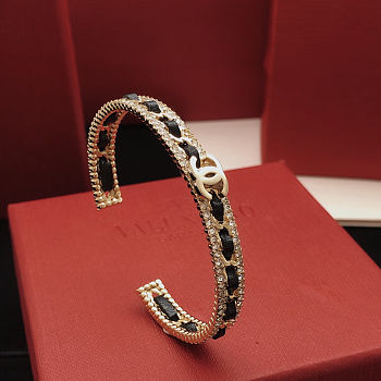 Colestore Chanel Metal Crystal Lambskin Chain CC Cuff Bracelet  Gold & Black