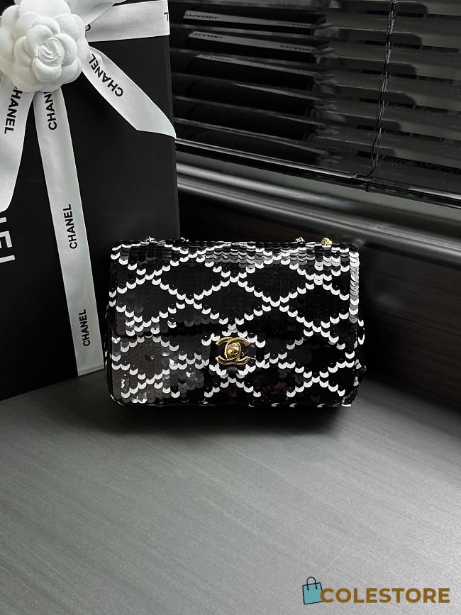 Colestore Chanel Small Flap Bag Sequins & Gold-Tone Metal, White & Black 21 x 14 x 8 cm - 1