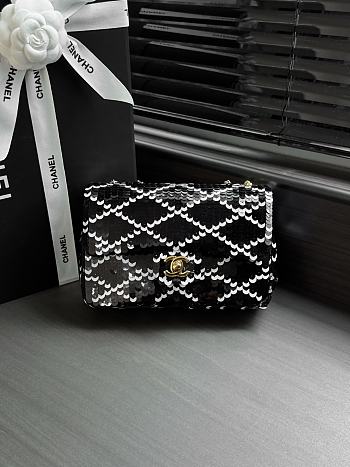 Colestore Chanel Small Flap Bag Sequins & Gold-Tone Metal, White & Black 21 x 14 x 8 cm