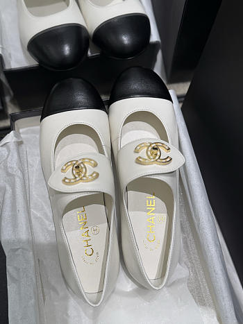 Colestore Chanel Classic Double C-Button Mary Jane Flat Shoes, Lambskin, White & Black