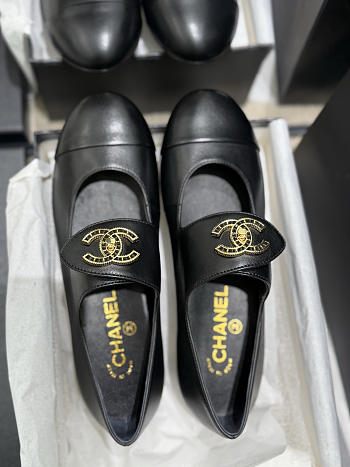 Colestore Chanel Classic Double C-Button Mary Jane Flat Shoes, Lambskin, Black & White