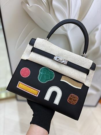 Colestore Hermes Kelly 25 Sellier Broderie Colla Noir Swift & Niloticus Crocodile Palladium Hardware